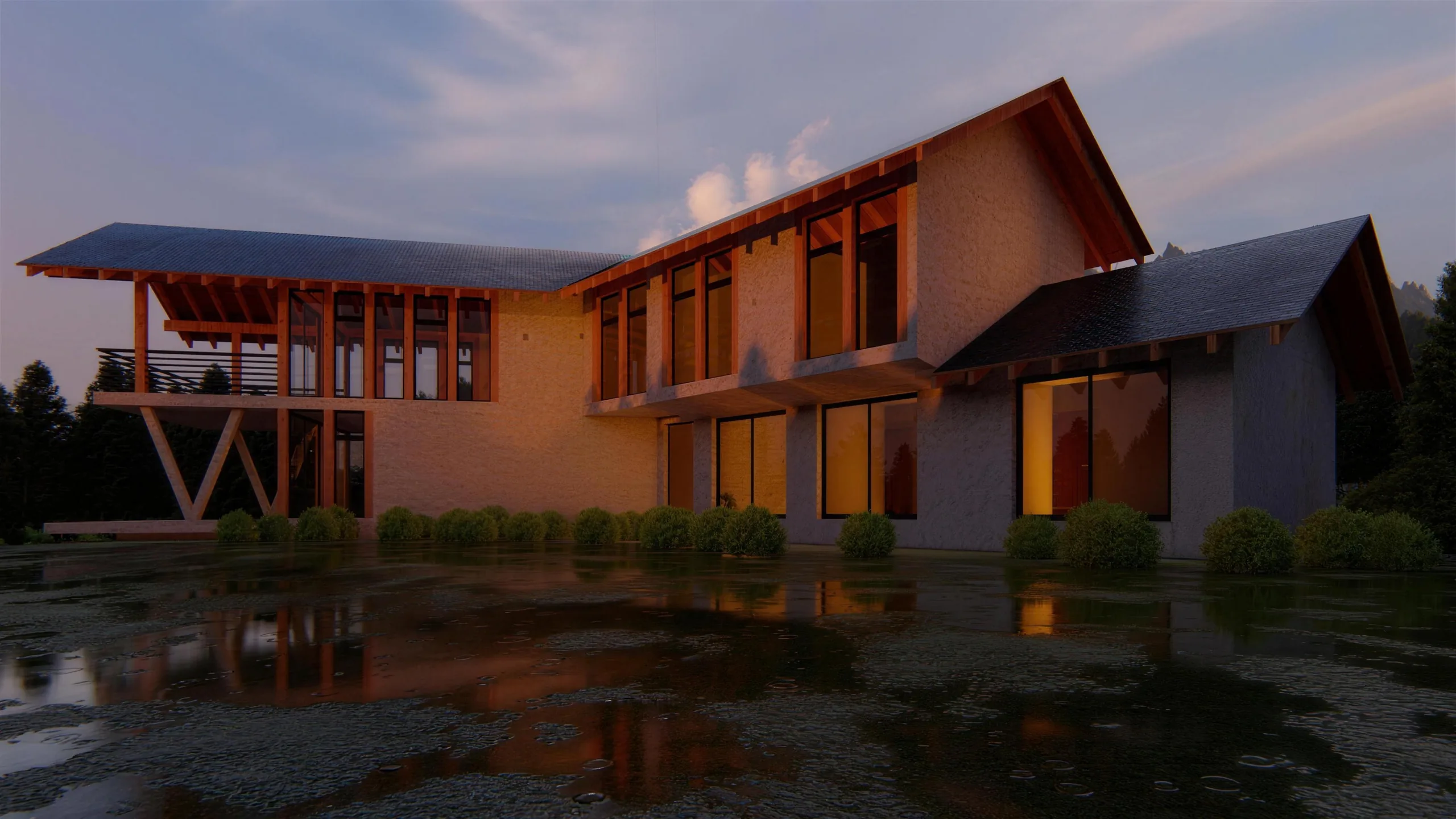 Vivienda construida por el estudio, vista exterior al atardecer