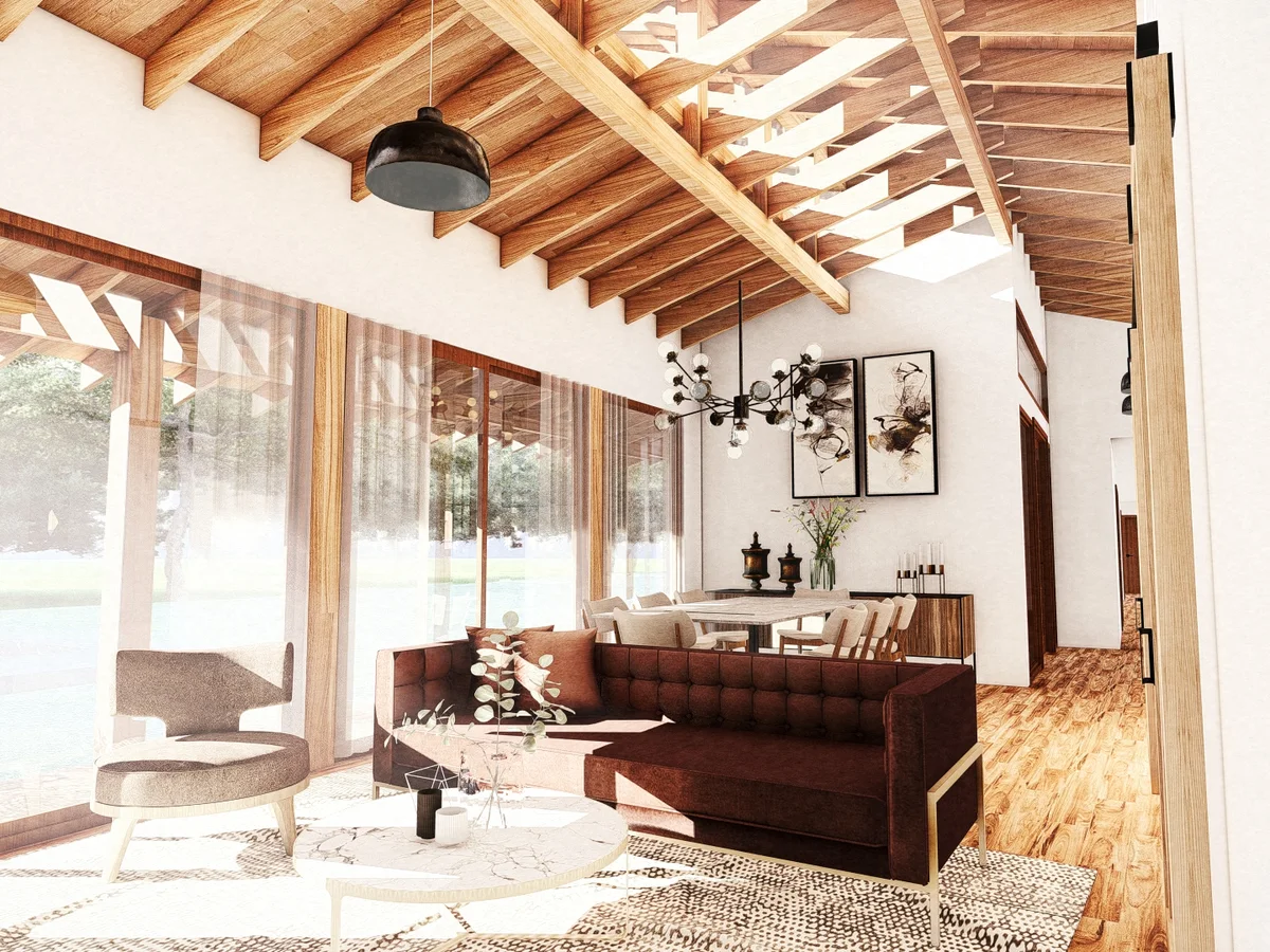 Living con vigas de madera, casa J200 en Codegua